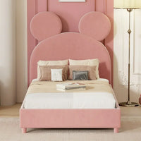 Twin Size Upholstered Toddler Bed with Bear Ear Shaped Headboard, Velvet Fabric Low Platform Bed with Wood Slat Support, Twin Size Bed for Kids, Girls, Boys, Pink