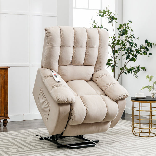 Power Lift Recliner Chair for Elderly, Massage Electric Recliner Chair with Heated Vibration Massage Remote Control and Side Pocket, Velvet Recliner Chair for Living Room Bedroom, Beige