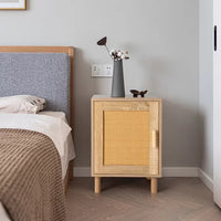 Rattan Nightstand, Rattan Cabinet, Nightstand with Rattan Decorated Door and Solid Wood Legs, End Table with Storage for Bedroom, Living Room, Hallway and Small Spaces, Rustic Natural