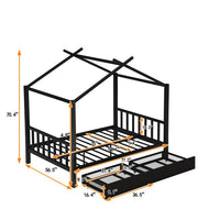 Full Size Metal House Platform Bed with Two Drawers, Low Platform Bed Frame with Headboard and Footboard, Roof Design House Bed for Kids, Teens and Adults, Sturdy Metal Slats Support, Black