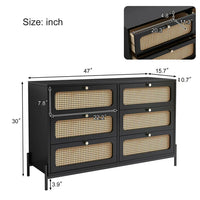 Rattan 6 Drawer Dresser, Modern Wood Dresser for Bedroom with Wide Drawers and Metal Handles and Legs, Storage Chest of Drawers for Bedroom Living Room Hallway Entryway, Black