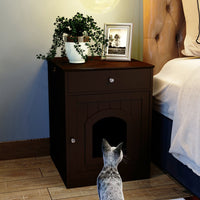 Wooden Pet House Cat Litter Box Enclosure with Drawer, Side Table, Indoor Pet Crate, Cat Home Nightstand, Hooded Hidden Pet Box, Cats Furniture Cabinet, Kitty Washroom, Pet Nightstand, Brown