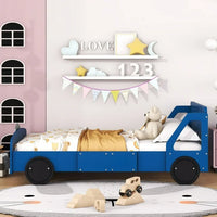 Full Size Car-Shaped Platform Bed, Modern Kids Bed with Wheels Rails, No Box Spring Required Fit 6" Mattress 400Lbs Load 77.2"L x 55.9"W x 29.9"H, Blue