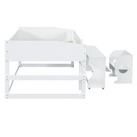 Full Size Loft Bed with Slide for Kids,Solid Wood Loft Bed Frame with Rolling Portable Desk and Chair,Multifunctional Low Loft Bed for Boys and Girls,White