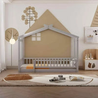 Twin Size Montessori Bed for Kids, Wood Floor Bed Frame, House Bed Frame with Fence & Roof, Solid Wood Playhouse Bed for Girls Boys Teens, Gray