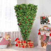7.5FT Upside Down Christmas Tree Pre-lit Artificial Christmas Trees with Artificial Berries, Santa's Legs and 1500 Branch Tips Xmas Trees for Holiday Carnival Party Home Decorations, Green
