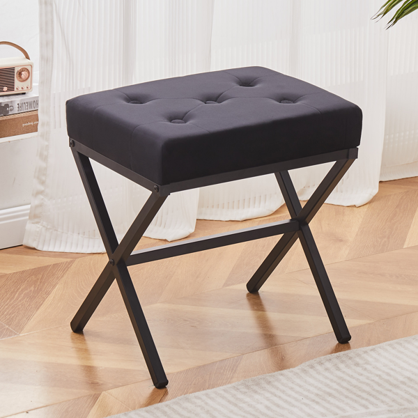 TRIPLE TREE Tufted Ottoman Foot Vanity Stool Thickened Cushion Metal X Leg Shoe Changing Step Stool for Living Room Bedroom Black
