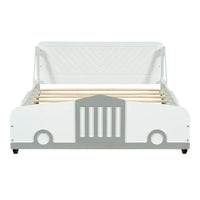 Kids Bed Frame Full Size, Car Bed for Boys Girls with Decorative Wheels and Guardrail, Wooden Platform Bed Frame, 400LBS Weight Capacity, White