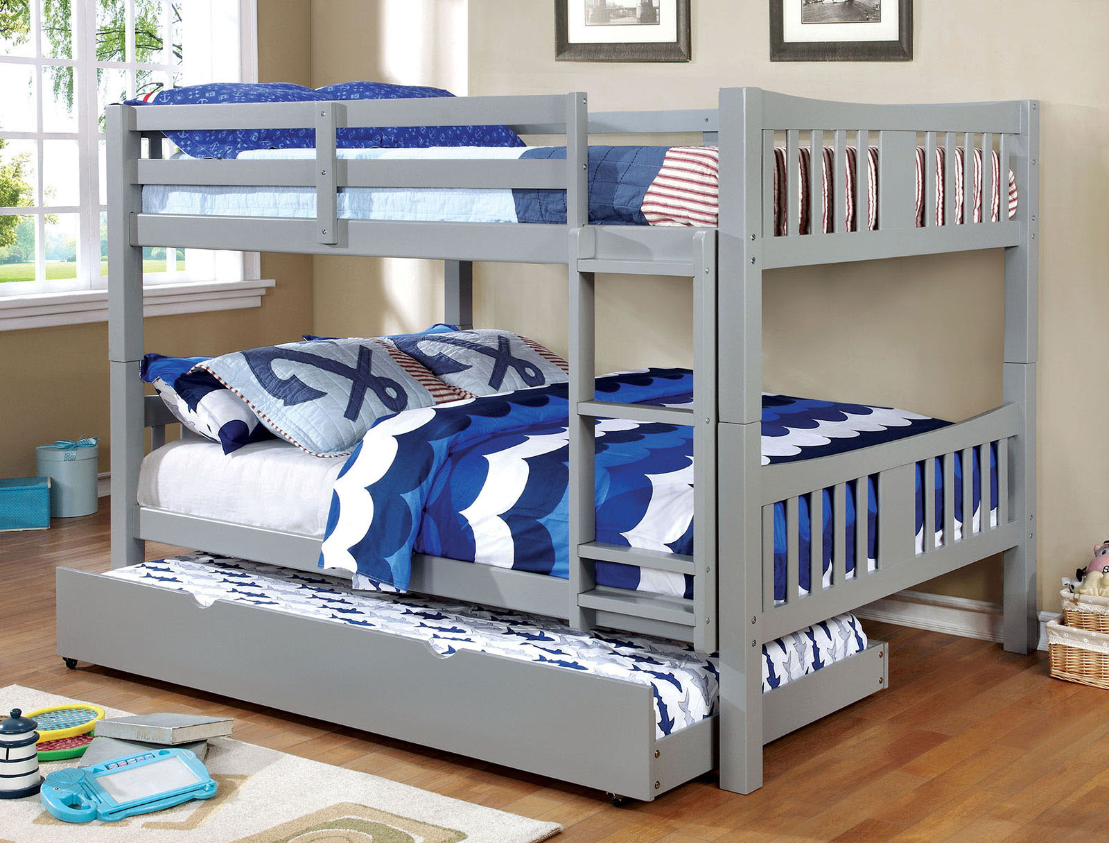 Triple Tree Full Over Full Bunk Bed Gray Finish Transitional Style Attached Ladder Upper Bed Rails Lock Joint Structure And Trundle-Not Included