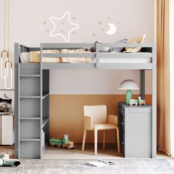 Full Size Loft Bed with Desk, Wood Loft Bed Frame with 5 Storage Drawers, 3 Tiers Shelves and Safety Guardrails, High Bed with Side Ladder for Boys Girls Teens Adults, No Box Spring Needed, Grey