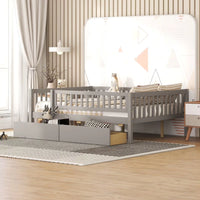 Low Wood Bed with Fence Guardrails for Kids, Full Size Platform Bed Frame Montessori Bed with 2 Storage Drawers & Slats System for Boys Girls Bedroom, No Box Spring Required, (Gray, Full Size)