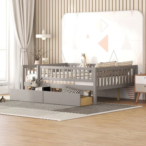 Low Wood Bed with Fence Guardrails for Kids, Full Size Platform Bed Frame Montessori Bed with 2 Storage Drawers & Slats System for Boys Girls Bedroom, No Box Spring Required, (Gray, Full Size)