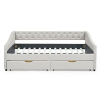 Full Size Daybed with 2 Drawers, Upholstered Tufted Sofa Bed Frame with Wood Slats Support & Button Back & Copper Nailed Armrests, for Bedroom, Living Room, No Box Spring Needed, Beige