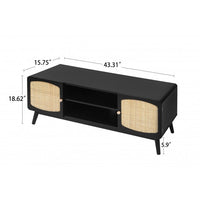 Rattan TV ConsoleTable, Farmhouse Media Entertainment Center with 2 Cabinet & Adjustable Shelves, TV Stand for Living Room Bedroom Apartment, Black