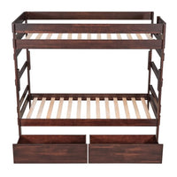 Twin Over Twin Bunk Bed Frame with Two Storage Under-Bed Drawers, Wood Bunk Beds Can Be Separated into Two Twin-size Beds for Girls Boys Teens, Espresso