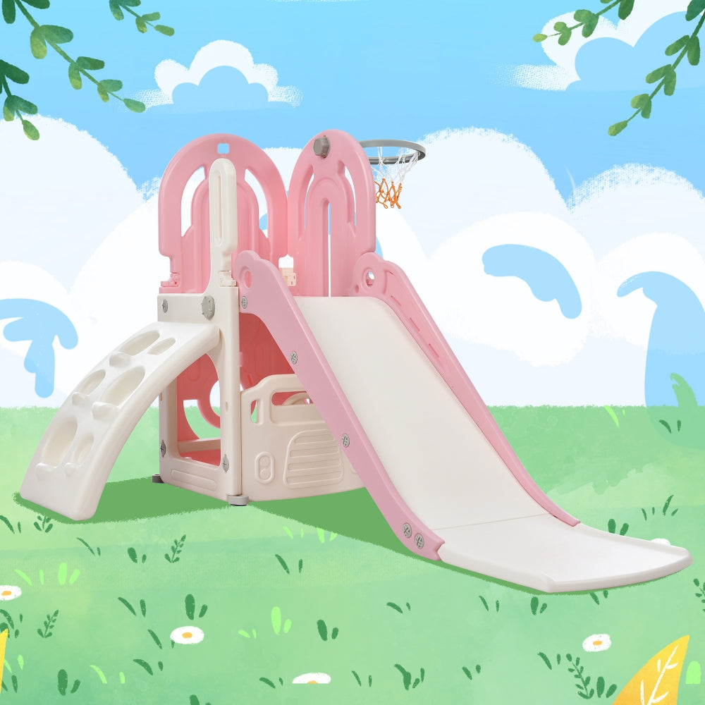 Toddler Climb and Slide Set 4 in 1, Freestanding Playground Climber Slide Play Combination Set with Fold-Up Basketball Hoop and Driving Game Space, Indoor Outdoor Toys Games Set for Kids Teens, Pink