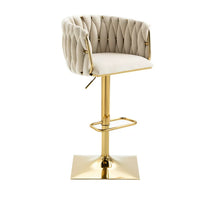 2PCS Height Adjustable Velvet Bar Stools, 360° Swivel Bar Chairs with Woven Back,Upholstered Dining Chairs with Metal Square Base, Side Chairs for Dining Room, Cafe, Pub, Bar Counter