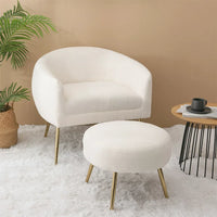 Accent Chair with Ottoman, Modern Teddy Velvet Tufted Armchair Leisure Lounge Chair with Footrest and Adjustable Metal Legs, Comfy Upholstered Single Sofa Chair Reading Chair for Living Room, White