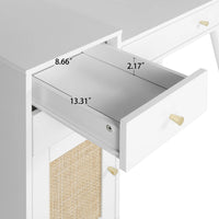 Makeup Vanity with Charging Port, Modern Dressing Table with Rattan Door and Multi-Storage, White Vanity Desk for Bedroom, Living Room, Weight Capacity 160 Pounds