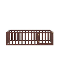 Twin Size Floor Bed, Wood Twin Montessori Bed Frame with Fence Guardrails and & Support Slats, Twin Playhouse Bed with Door Design, Fence Bed Playpen Bed for little ones, Walnut