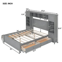 Full Size Platform Bed with All-in-One Cabinets, 10 Shelves and 4 Storage Drawers, Solid Wood Low Bed Frame for Kids Teens Adults Bedroom Guest Room, Space-Saving Design, No Box Spring Needed, Gray