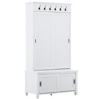 Hall Tree with Bench and Shoe Storage, 3-in-1 Entryway Bench with Sliding Doors, Coat Racks and Shelves, 70" H Multifunctional Hall Tree with Adjustable Shoe Storage for Entryway, Mudroom, White
