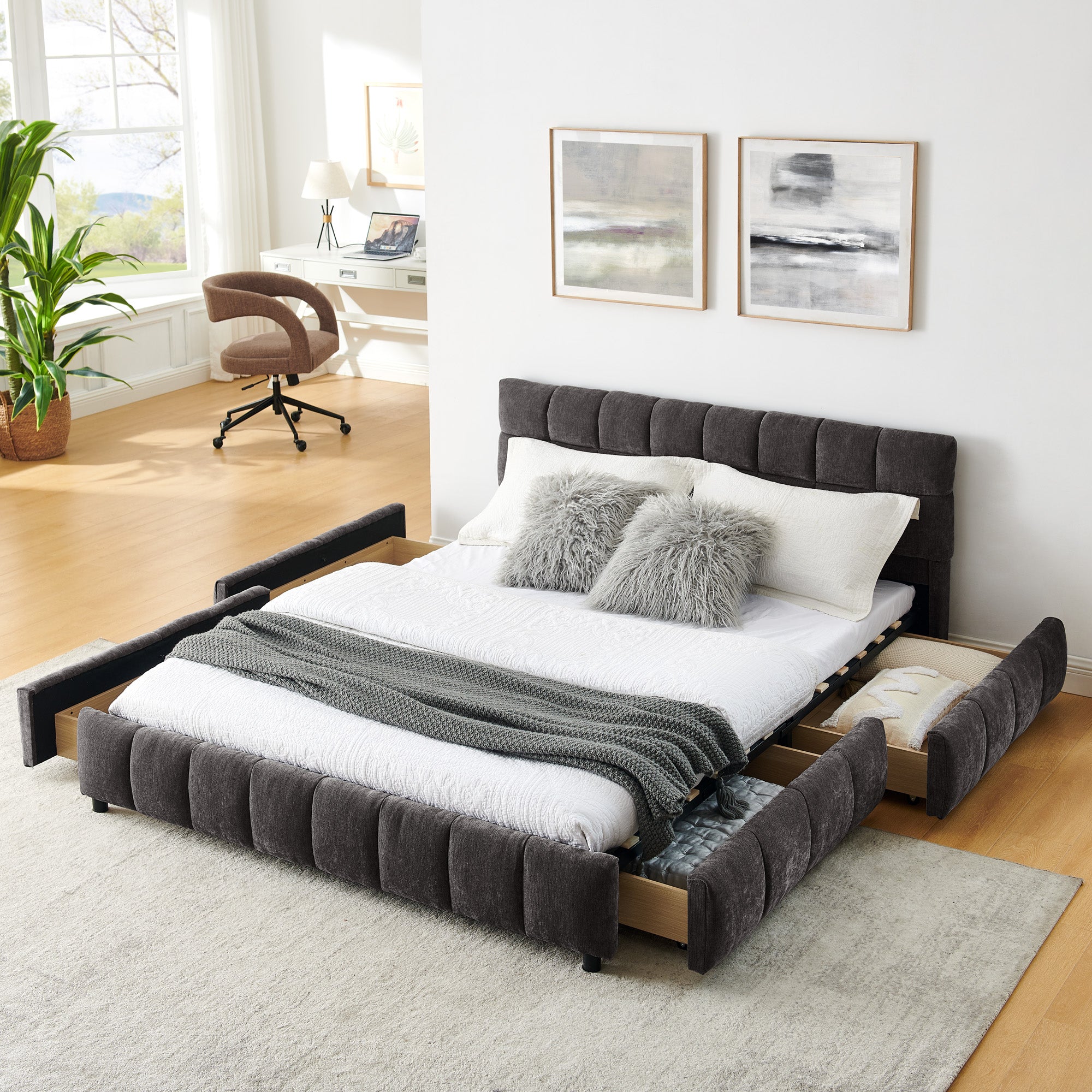 Triple Tree Queen Size Upholstered Bed ,comfortable upholstered bed frame, Chenille fabric, with headboard and solid bed frame. With drawer for storage.-Dark Gray(88.5''*68.5''*31'')