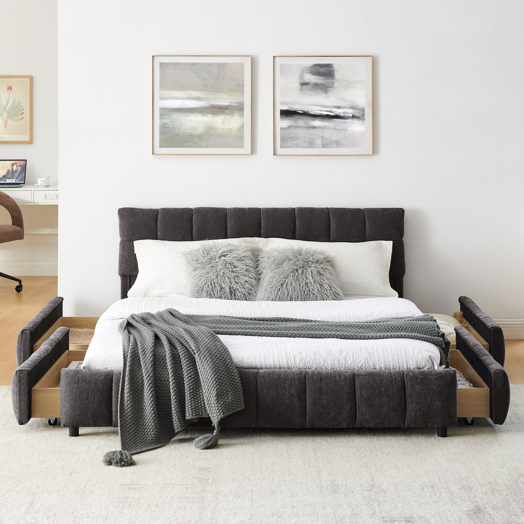 Triple Tree Queen Size Upholstered Bed ,comfortable upholstered bed frame, Chenille fabric, with headboard and solid bed frame. With drawer for storage.-Dark Gray(88.5''*68.5''*31'')