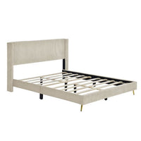 Queen Size Platform Bed, Corduroy Platform Bed with Metal Legs, Modern Upholstered Platform Bed Frame with Wingback Headboard, Strong Wood Slats Support, No Box Spring Needed, Easy Assembly, Beige