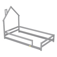 Twin Size Floor Bed, Wooden Montessori Bed Fence Bed with House Shape Headboard, Wood House Bed Platform Bed, for Boys Girls, Low to Ground Height, No Box Spring Needed, Grey