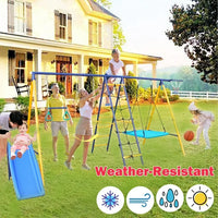 7 in 1 Outdoor Swing Set,A-Frame Heavy-Duty Metal Swing Set with Slide,2 Swing Seats,1 Climbing Net & Ladder,1 Gym Hoop,1 Basket,Safe Swing Set for Kids Playground Backyard Outdoor