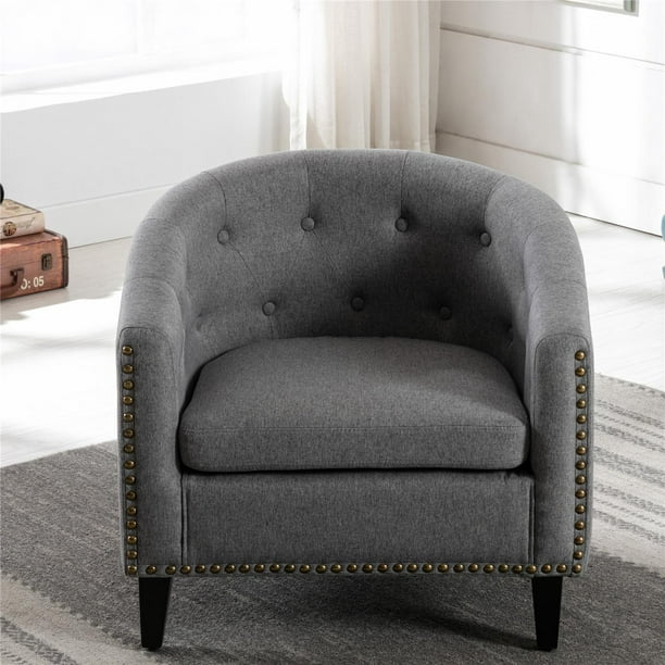 Linen Fabric Tufted Barrel Chair Tub Chair for Living Room Bedroom, Club Chairs with Rubber Wood Legs, 24''D x 28.3''W x 27.5''H, Grey