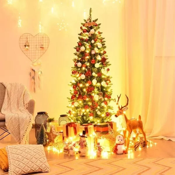 5 ft Pre-lit Artificial Pencil Christmas Tree, Hinged Fir Christmas Tree with 150 Warm Lights and Sturdy Iron Stand, Slim Christmas Tree with 300 Tips, New PVC Material, Easy Assembly