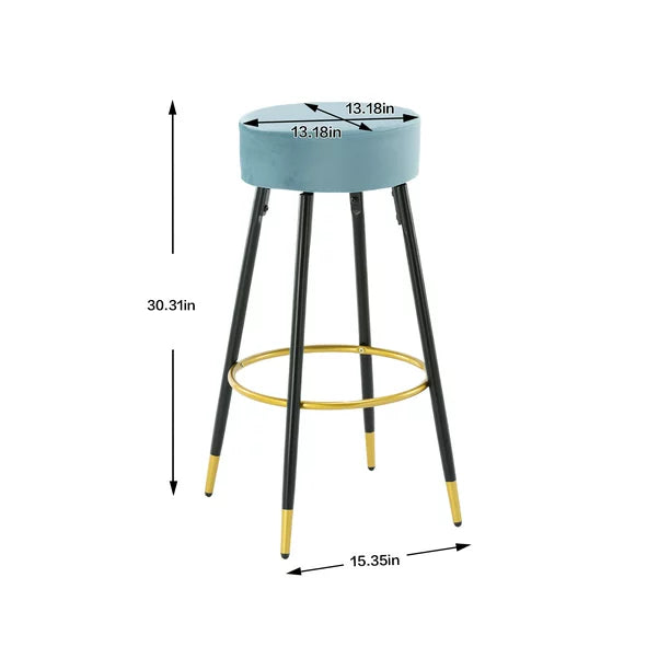 Set of 2 Round Velvet Stools Upholstered, 24 Inches Height Stools with Golden Footrest for Kitchen Island Coffee Shop Bar Home and Balcony, Blue