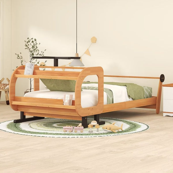 Twin Size Platform Bed,Wooden Plane Shaped Platform Bed Frame with Rotatable Propeller and Shelves for Boys and Girls,Easy Assembly,Natural