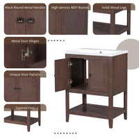 24" Bathroom Vanity,Wood Cabinet Basin Vessel and Sink Set,Ceramic Sink with Pre-Drilled Fauce Holes,Freestanding Storage Cabinet with Doors and Open Shelf,4" faucet will fit this product(not include)