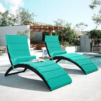Patio Wicker Sun Lounger Set of 2, PE Rattan Foldable Chaise Lounger with Removable Cushion and Pillow, 2PCS Recliner Chair with Black Wicker and Turquoise Cushion for Poolside Garden Yard, Blue