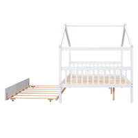 Full Size House Bed Frame with Twin Size Trundle, Wooden Daybed with Headboard and Roof, House-Shaped Platform Bed Frame with Slats Support for Teens Boys Girls, Can be Decorated, White