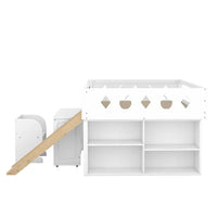 Full Size Loft Bed with Desk and Slide for Kids, Wooden Low Full Loft Bed Frame with Blackboard and Chair for Kids Boys Girls, Open Cabinets and Built-in Staircase Design, White