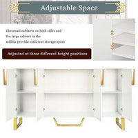 Modern Sideboard, Storage Cabinet with Adjustable Shelves and Four Doors, Wood Console Table with Golden Metal Legs, 60''L x 15.7''W x 34''H, White