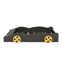 Full Size Race Car-Shaped Platform Bed for Kids, Solid Wood Platform Bed Frame with Wheels and Storage, Sturdy Car Bed with Full-Length Guardrails for Kids Boys and Girls, Space Saving Design, Black