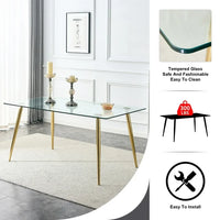 63" Glass Dining Table for 4-6 People, Modern Rectangular Glass Kitchen Table with Golden Legs, Small Dining Room Table for Living Room, 300lbs Capacity