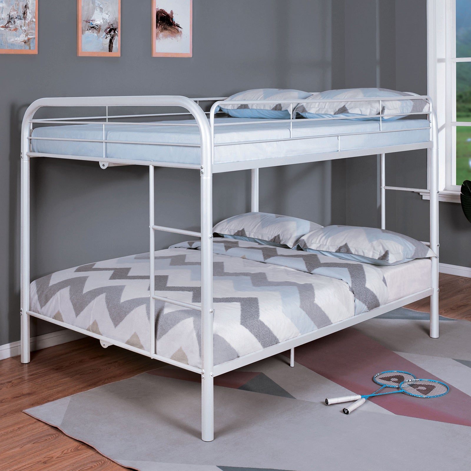 Triple Tree Full Over Full Metal Bunk Bed Contemporary Style With Angled Ladder, White