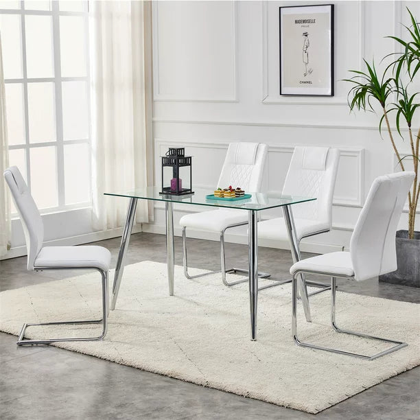 Dining Chairs Set of 4, Modern PU Leather Upholstered Dining Chairs with High Backrest and C-shaped Base, Armless Accent Chairs Lounge Chairs with Padded Seat for Living Room Bedroom Kitchen, White