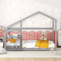 Montessori Bed Twin Size, Wood House Floor Beds with Roof Design, House Bed for Boys & Girls Floor Beds Fun Playhouse, No Box Spring Needed (Twin, Gray)