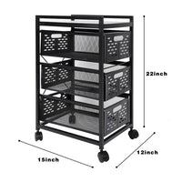 3-Tier Shelving Wheeled Organizer,Mesh Storage Drawer Cart with Lock on Wheels,Printer Stand Filing Cabinet with Pull Out Drawers for A4 Sized Document for Office/Kitchen/Bedroom/Laundry