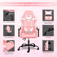 High Back PU Leather Gaming Chair, Height Adjustable Swivel Chair with Adjustable Back, Ergonomic Office Chair with Headrest & Lumbar Support, Desk Chair for Home Office, Pink/White