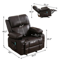Manual Recliner Chair with Massage and Heating for Adults,Oversized Rocking Chair with 2 Cup Holders and USB Charge Port,Brown