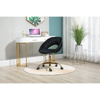Velvet Office Chair with Hand Woven Backrest,Adjustable Swivel Accent Armchair,Upholstered Tufted Vanity Chair with Gold Base,Ergonomic Study Chair Computer Desk Chair for Living Room Bedroom,Black