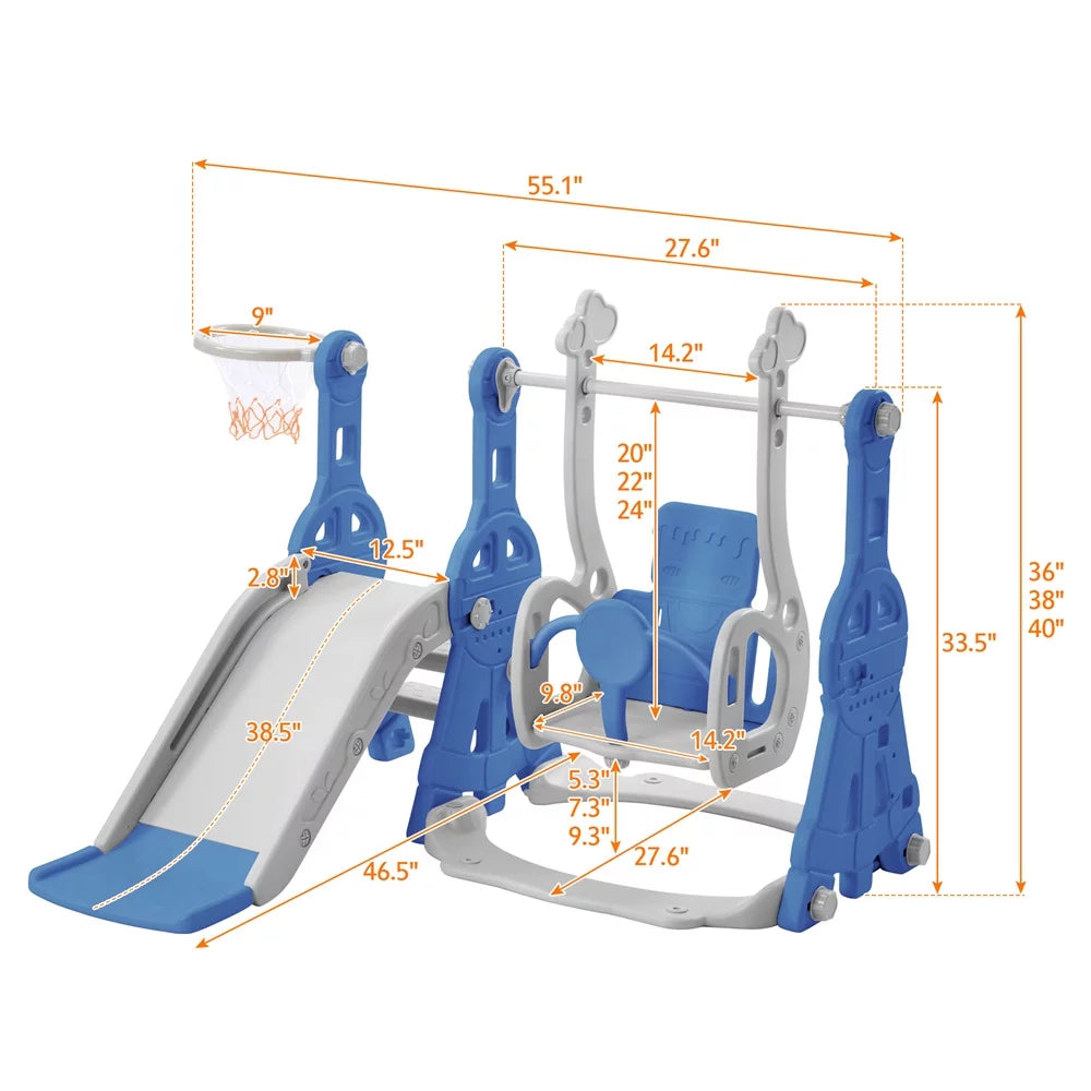 3 in 1 Toddler Slide and Swing Set, Indoor Playground Jungle Gym with Slide & Adjustable Swing & Basketball Hoops & 3-step Ladder, Freestanding Combination Climber Swing Playset Amusement Park, Blue